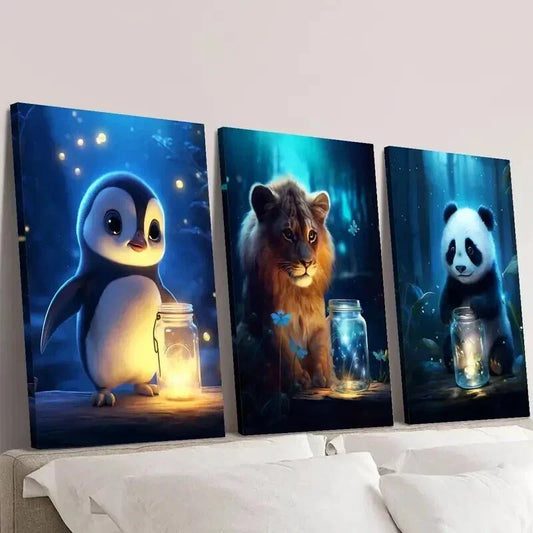 3pcs Enchanted Luminous Forest Creatures Wall Art Set Canvas Framed 40x60cm - High Quality Print 100% Australian Made Wall Canvas Ready to Hang