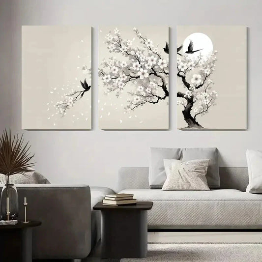3pcs Serene Plum Blossom Branch with Swallow Metal Print Ready to Hang Art