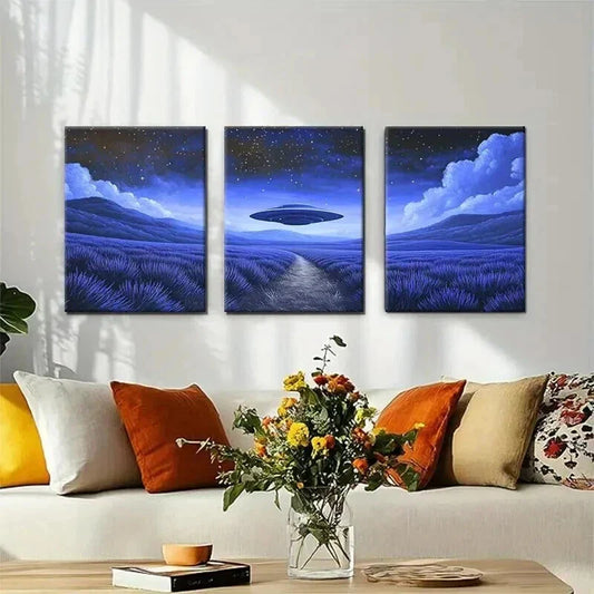 3pcs UFO Night Landscape Spaceship Perfect Wall Art Set Canvas Framed 40x60cm - High Quality Print 100% Australian Made Wall Canvas Ready to Hang