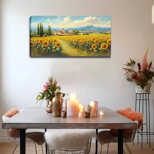 Rustic Sunflower Field Houses Wall Art Canvas Office Home Room Framed 120x60cm