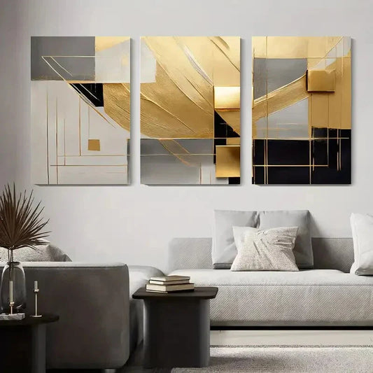 3pcs Golden and Black Geometric Abstract Metal Print Ready to Hang Art