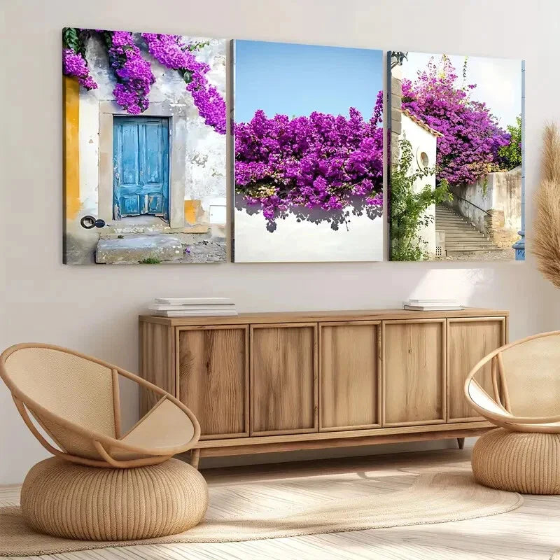 3pcs Portuguese Purple Florals Green Leaves Wall Art Set Canvas Framed 40x60cm - High Quality Print 100% Australian Made Wall Canvas Ready to Hang