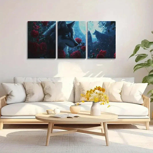 3pcs Blue Eyed Wolf with Roses Dark Metal Print Ready to Hang Art