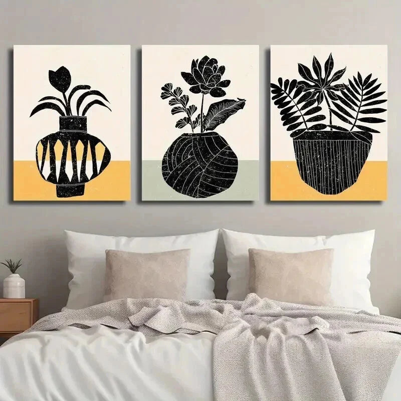 3pcs Black & White Plant Silhouette Floral Vase Wall Art Set Canvas Framed 40x60cm - High Quality Print 100% Australian Made Wall Canvas Ready to Hang