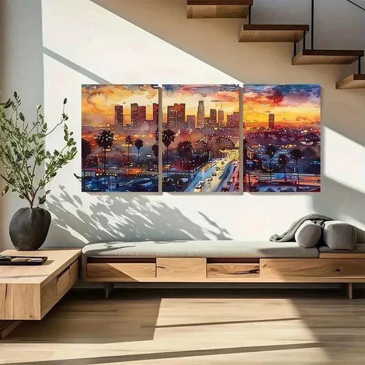 3pcs Abstract Los Angeles City Sunset Landscape Metal Print Ready to Hang Art