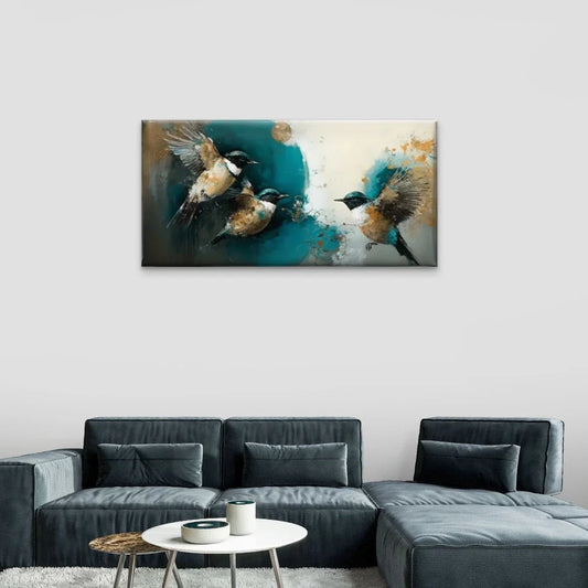 Birds Watercolour Abstarct Wall Art Canvas Office Home Room Framed 80x45cm