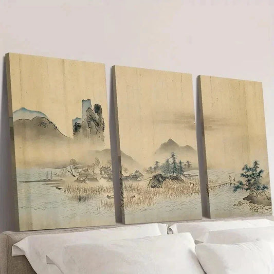 3pcs Vintage Japanese Retro Landscape Wall Art Set Canvas Framed 40x60cm - High Quality Print 100% Australian Made Wall Canvas Ready to Hang
