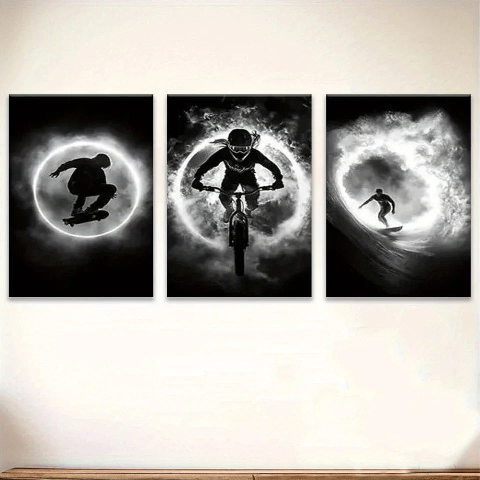 3pcs Dynamic Skateboard & Bicycle Riding Black Metal Print Ready to Hang Art