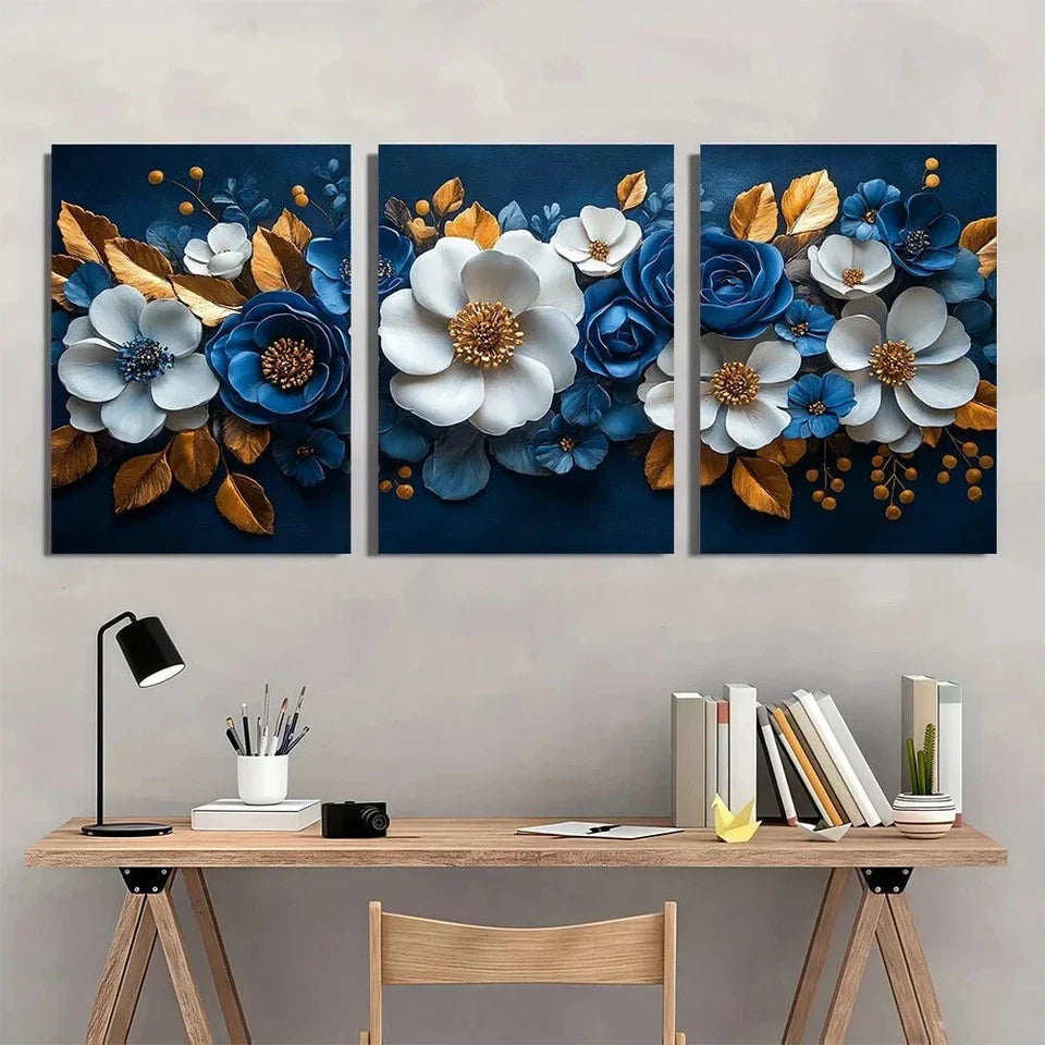 3pcs Elegant Floral Navy Blue & Golden Accents Metal Print Ready to Hang Art