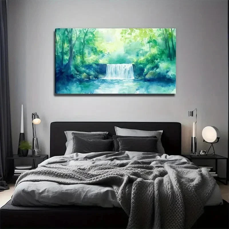 Serene Waterfall & Greenery Wall Art Canvas Office Home Room Framed 80x45cm