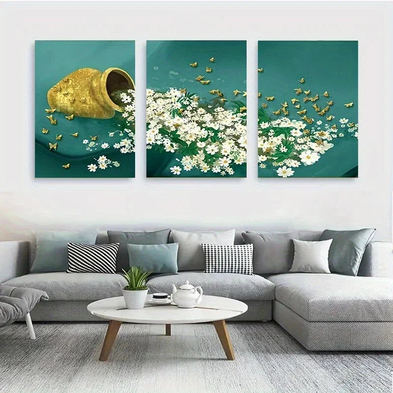 3pcs Serene Daisy Goldfish Teal White Floral Metal Print Ready to Hang Art