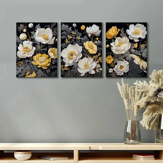 3pcs Boho Chic Set of Three Yellow and Lvory Metal Print Ready to Hang Art