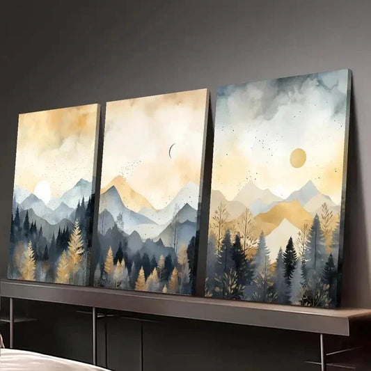 3pcs Misty Pine Forests Sunset & Moonlit Wall Art Set Canvas Framed 40x60cm - High Quality Print 100% Australian Made Wall Canvas Ready to Hang