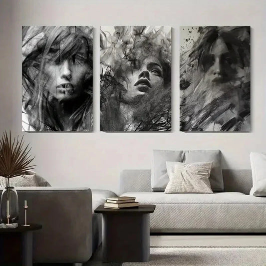 3pcs Abstract Black and White Female Metal Print Ready to Hang Art