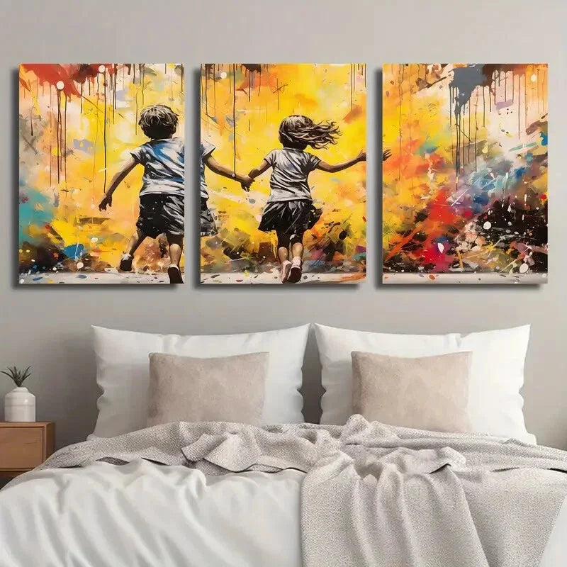 3pcs Boy And Girl Running on a Street Wall Art Set Canvas Framed 40x60cm - High Quality Print 100% Australian Made Wall Canvas Ready to Hang