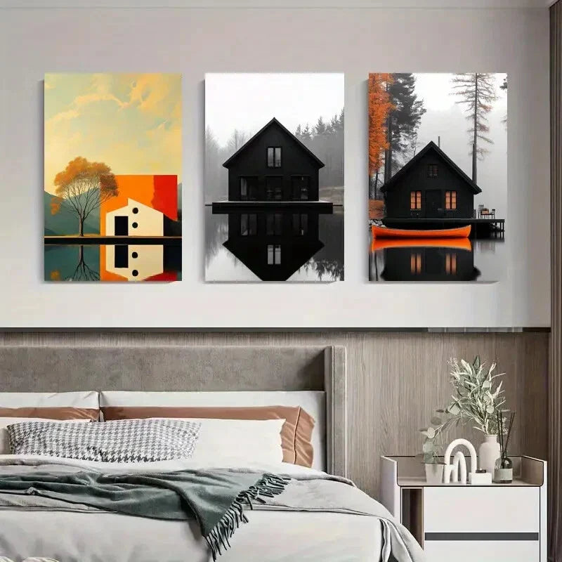 3pcs Modern House and Reflection Black House Metal Print Ready to Hang Art