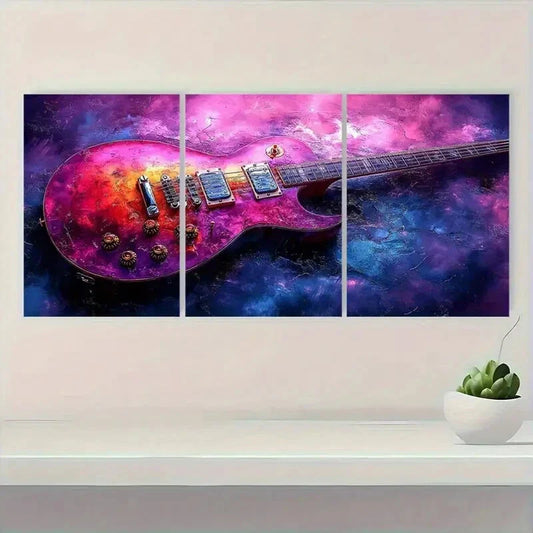 3pcs Vibrant Purple & Pink Guitar Design Metal Print Ready to Hang Art