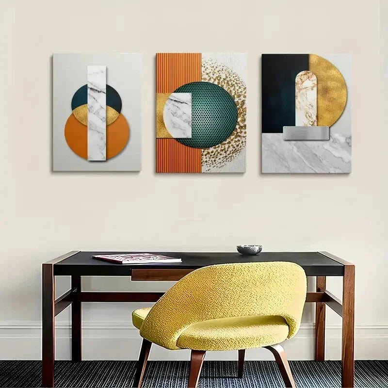 3pcs Golden White and Teal Geometric Design Wall Art Set Canvas Framed 40x60cm - High Quality Print 100% Australian Made Wall Canvas Ready to Hang