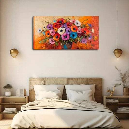 Colorful Flowers In Dark Vase Wall Art Canvas Office Home Room Framed 120x60cm