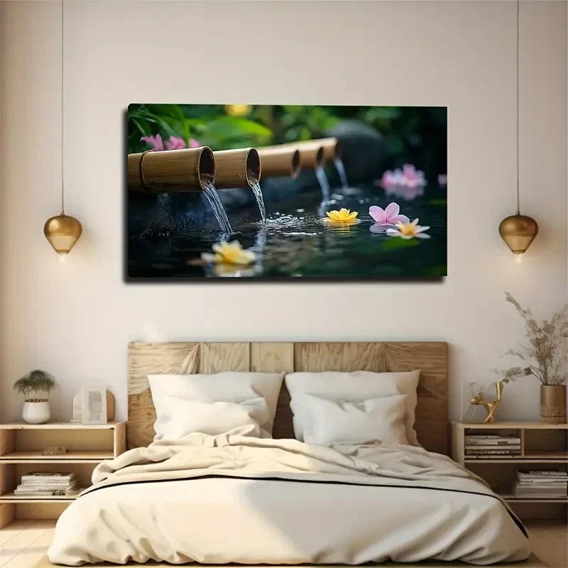 Serene Bamboo Fountain Blooming Wall Art Canvas Office Home Room Framed 120x60cm
