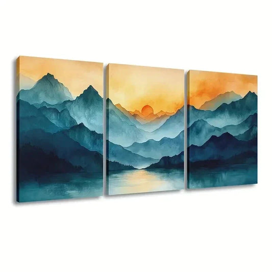 3pcs Blue Mountains and Orange Sunrise Wall Art Set Canvas Framed 40x60cm - High Quality Print 100% Australian Made Wall Canvas Ready to Hang