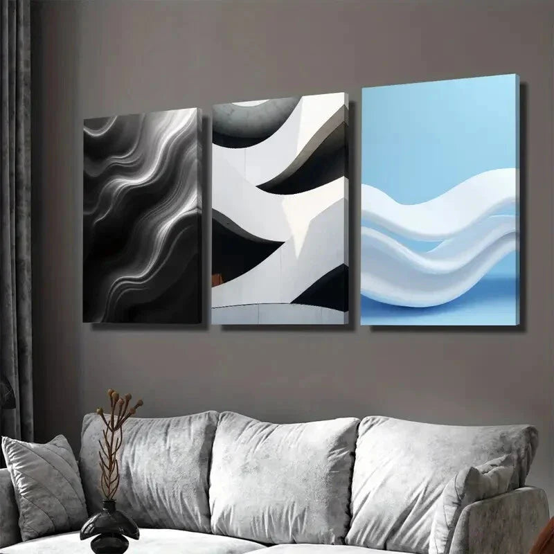 3pcs Modern Abstract Black & White Geometricn Wall Art Set Canvas Framed 40x60cm - High Quality Print 100% Australian Made Wall Canvas Ready to Hang