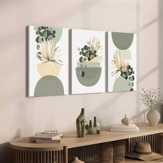3pcs Modern Abstract Boho-Chic Sage Green Plant Wall Art Set Canvas Framed 40x60cm - High Quality Print 100% Australian Made Wall Canvas Ready to Hang