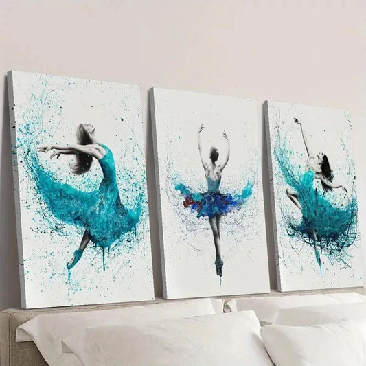 3pcs Blue Color Splashing Ballet Dance Wall Art Set Canvas Framed 40x60cm - High Quality Print 100% Australian Made Wall Canvas Ready to Hang