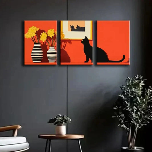 3pcs Black Cat and Yellow Daisy Modern Perfect Wall Art Set Canvas Framed 40x60cm - High Quality Print 100% Australian Made Wall Canvas Ready to Hang