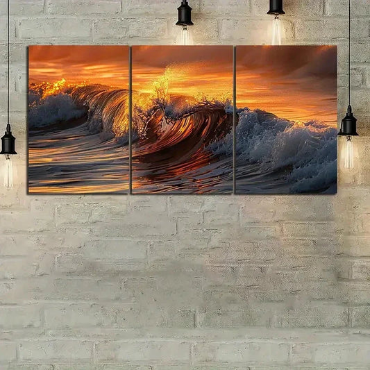3pcs Beach Waves Orange Water Metal Print Ready to Hang Art