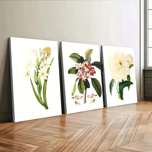 3pcs White Red Florals Green Leaves Rose Yellow Wall Art Set Canvas Framed 40x60cm - High Quality Print 100% Australian Made Wall Canvas Ready to Hang