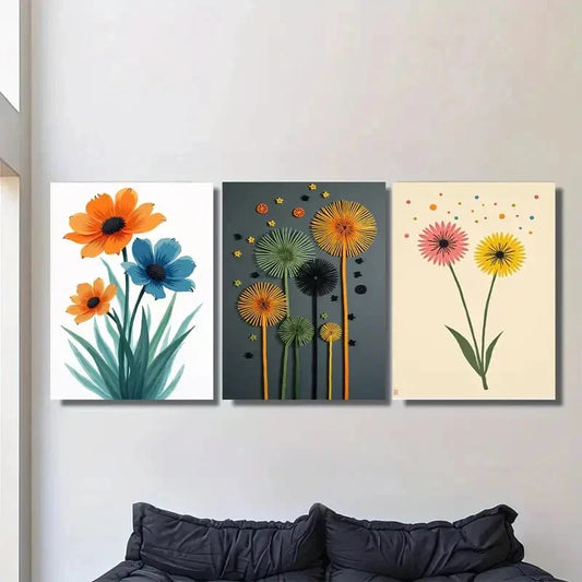 3pcs Vibrant Colorful Flower Paintings with Black Metal Print Ready to Hang Art