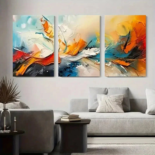 3pcs Abstract Colorful Orange Blue & Black Swirls Metal Print Ready to Hang Art