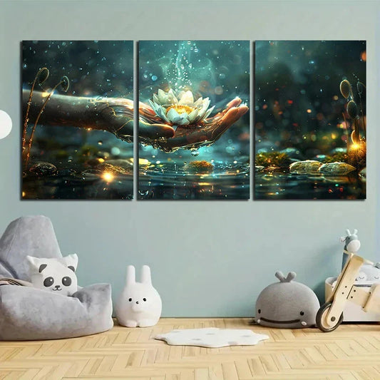 3pcs Flower On Palm Nature White Metal Print Ready to Hang Art