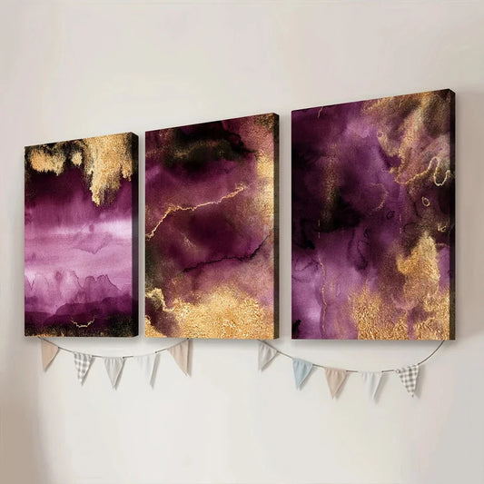 3pcs Golden Abstract Purple Elegant Modern Art Wall Art Set Canvas Framed 40x60cm - High Quality Print 100% Australian Made Wall Canvas Ready to Hang