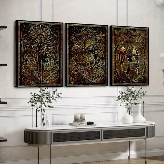 3pcs Vintage European Retro Twelve Zodiac Signs Wall Art Set Canvas Framed 40x60cm - High Quality Print 100% Australian Made Wall Canvas Ready to Hang