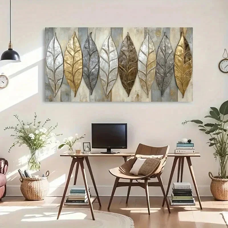 Metallic Shine Elegant Leaves Wall Art Canvas Office Home Room Framed 120x60cm