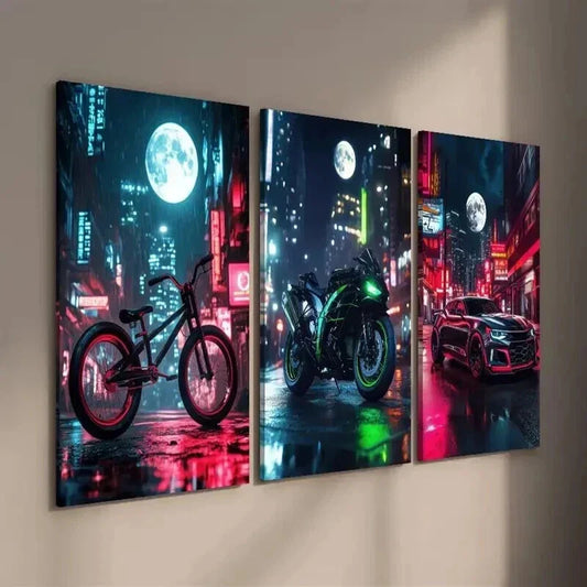 3pcs Black & Green Motorcycle and Sports Wall Art Set Canvas Framed 40x60cm - High Quality Print 100% Australian Made Wall Canvas Ready to Hang