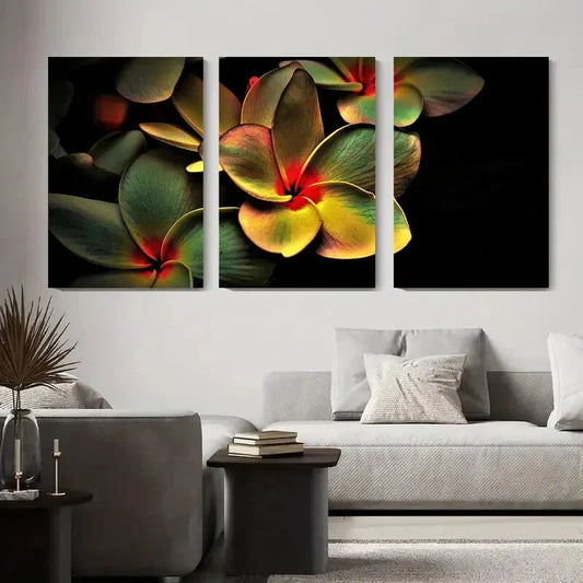3pcs Vibrant Plumeria Flower Black Background Metal Print Ready to Hang Art