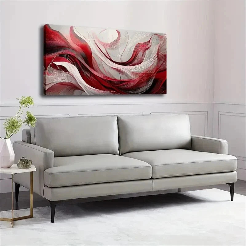 Red And White Swirls Abstract Wall Art Canvas Office Home Room Framed 80x45cm