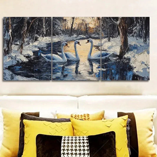 3pcs Elegant Swan Lake Scene, Metal Print Ready to Hang Art