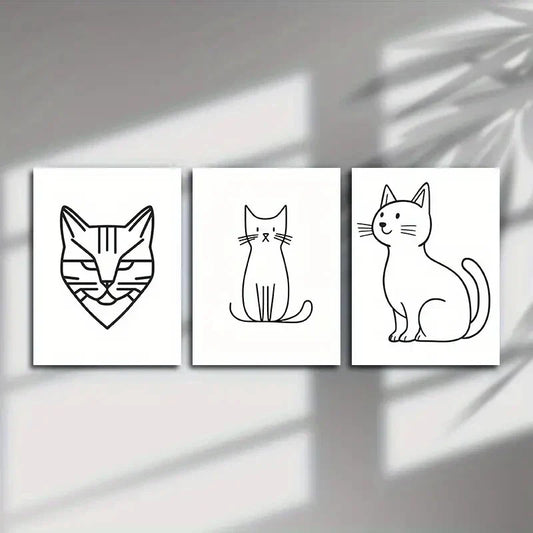 3pcs Cute Line Kitten Black & White Metal Print Ready to Hang Art