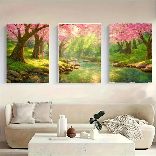 3pcs A Serene Forest Scene with Cherry Metal Print Ready to Hang Art