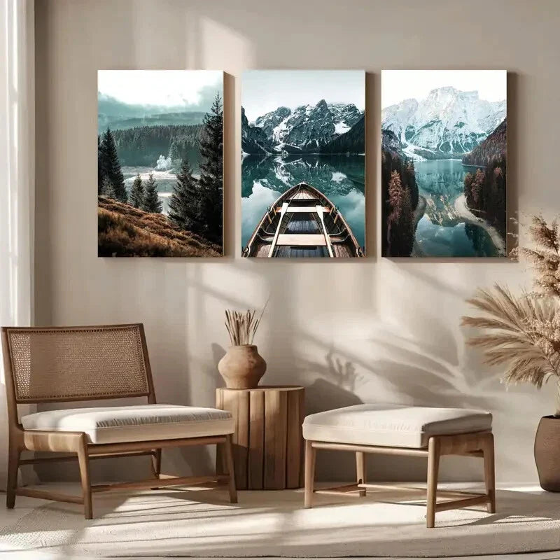 3pcs Modern Scandinavian Forest Lake Metal Print Ready to Hang Art