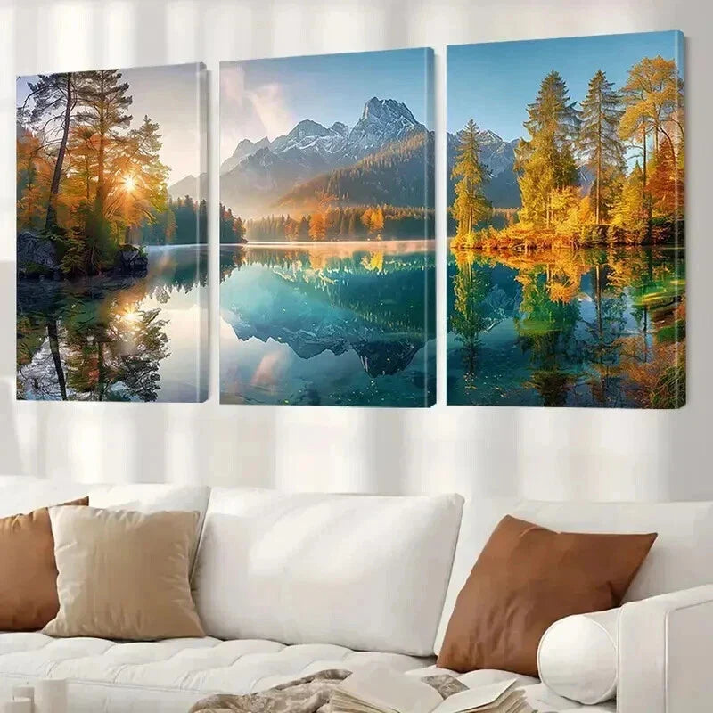 3pcs Sunrise Forest & Snowy Mountain Lakes Wall Art Set Canvas Framed 40x60cm - High Quality Print 100% Australian Made Wall Canvas Ready to Hang
