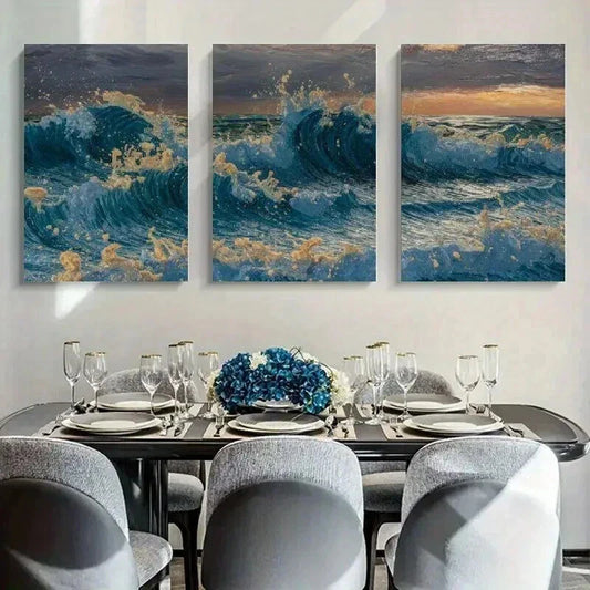 3pcs Ocean Waves in Blue & Golden Wall Art Set Canvas Framed 40x60cm - High Quality Print 100% Australian Made Wall Canvas Ready to Hang