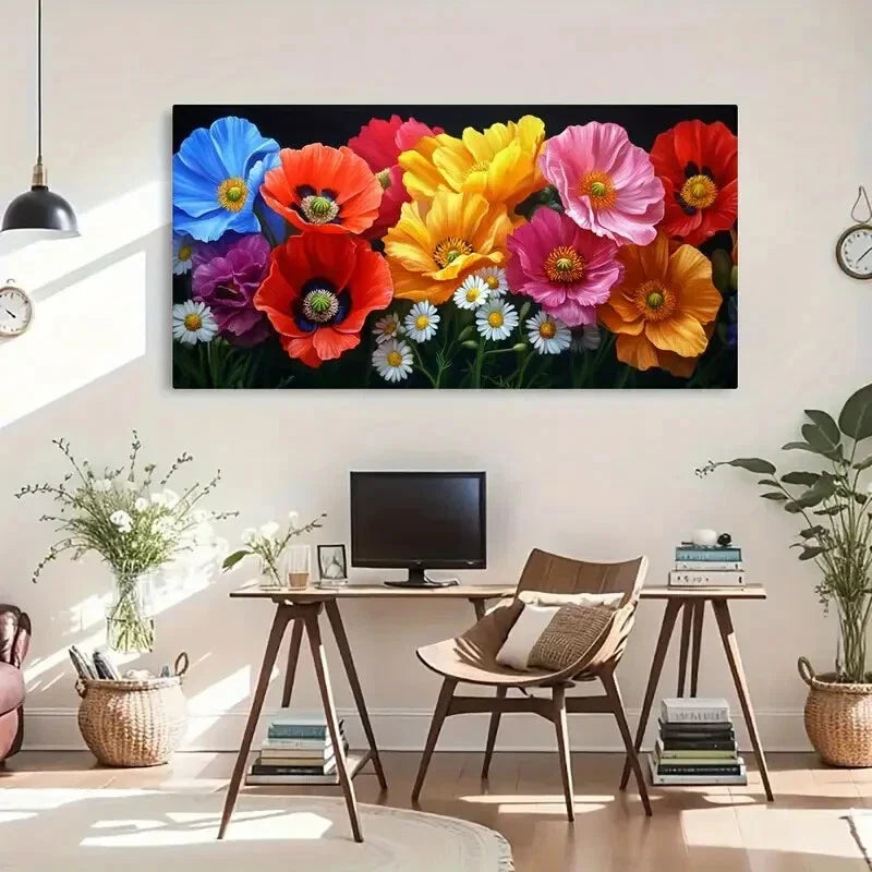 Poppies And Wildflowers Color Wall Art Canvas Office Home Room Framed 80x45cm