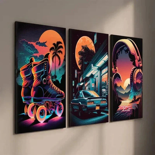 3pcs 80s Retro Synthwave & Cyberpunk Car Wall Art Set Canvas Framed 40x60cm - High Quality Print 100% Australian Made Wall Canvas Ready to Hang