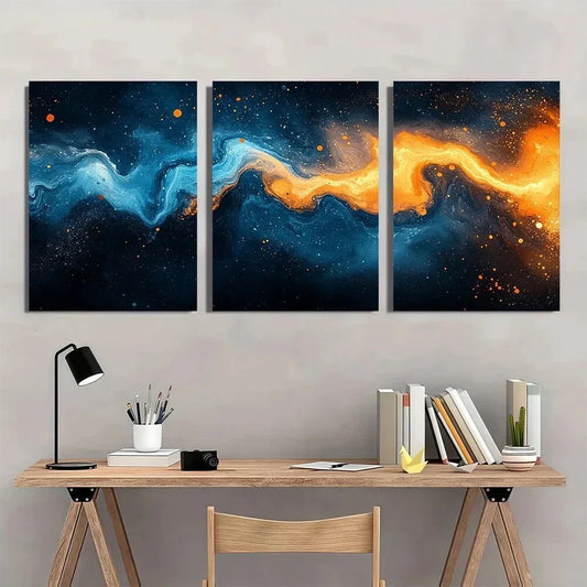 3pcs Abstract Fluid Vivid Blue & Orange Swirls Metal Print Ready to Hang Art