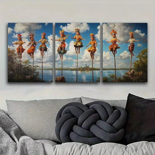 3pcs Women Walk On Stilts Traditional Nature Wall Art Set Canvas Framed 40x60cm - High Quality Print 100% Australian Made Wall Canvas Ready to Hang